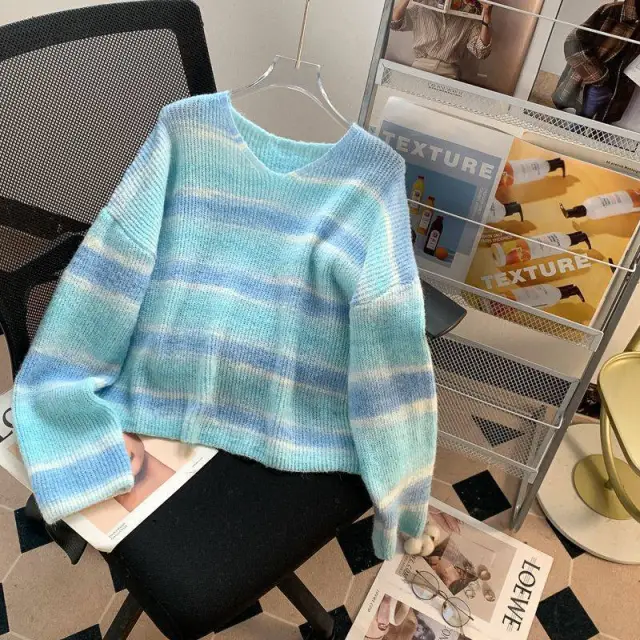 Dopamine Color Stripes Collar Sweater Women Blue - Shop at LoveMi