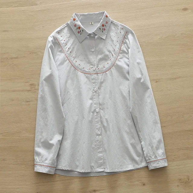 Women's Autumn Ethnic Style Loose Long Sleeve Shirt Gray Blue - Shop at LoveMi