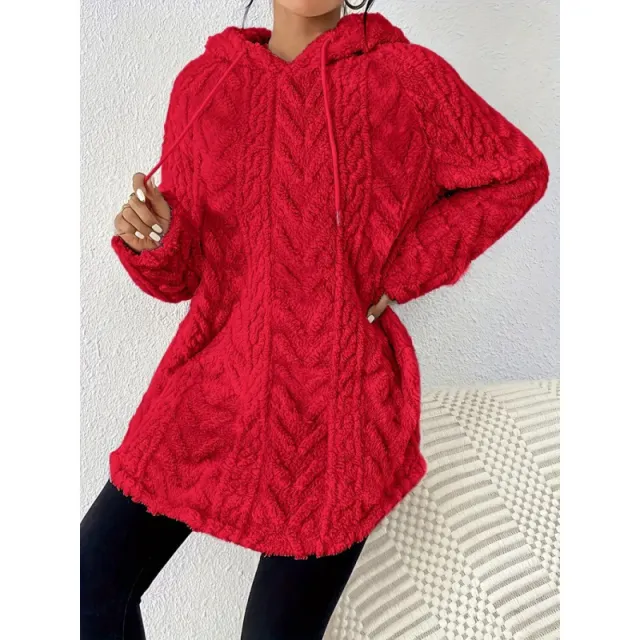 Women's Polyester Hooded Knitted Long Sweater Red - Shop at LoveMi