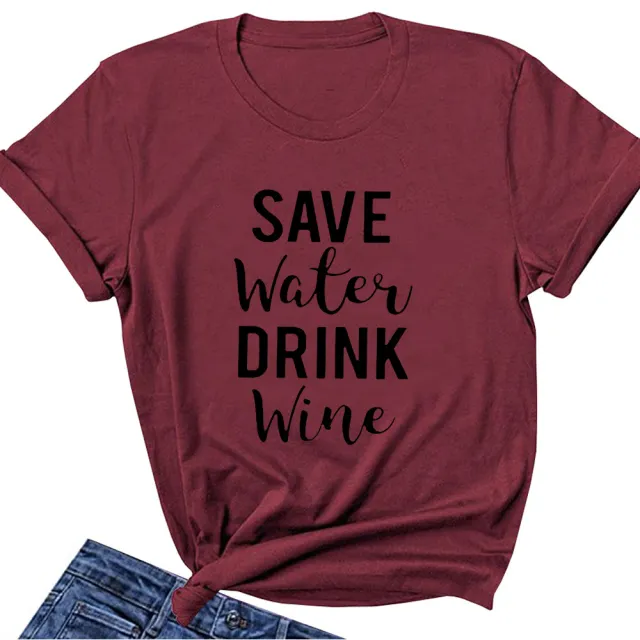 Women's Letter Short sleeved Loose Round Neck T shirt Wine Red - Shop at LoveMi