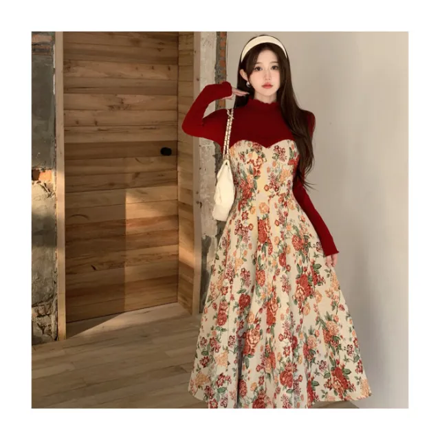 Floral Skirt Christmas Long sleeved Red Top Suit - Shop at LoveMi