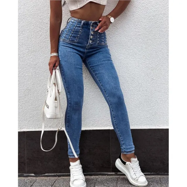 High Waist Breasted Skinny Denim Trousers Blue - Shop at LoveMi