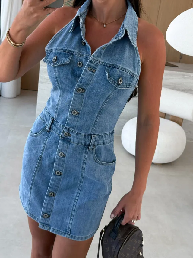 Single breasted Lapel Sleeveless Waist Denim Dress Denim Blue - Shop at LoveMi
