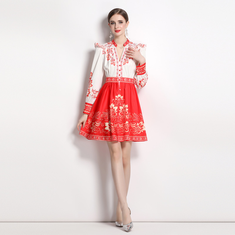 Lantern-Sleeve V-Neck Midi Dress, picture 2 of 5