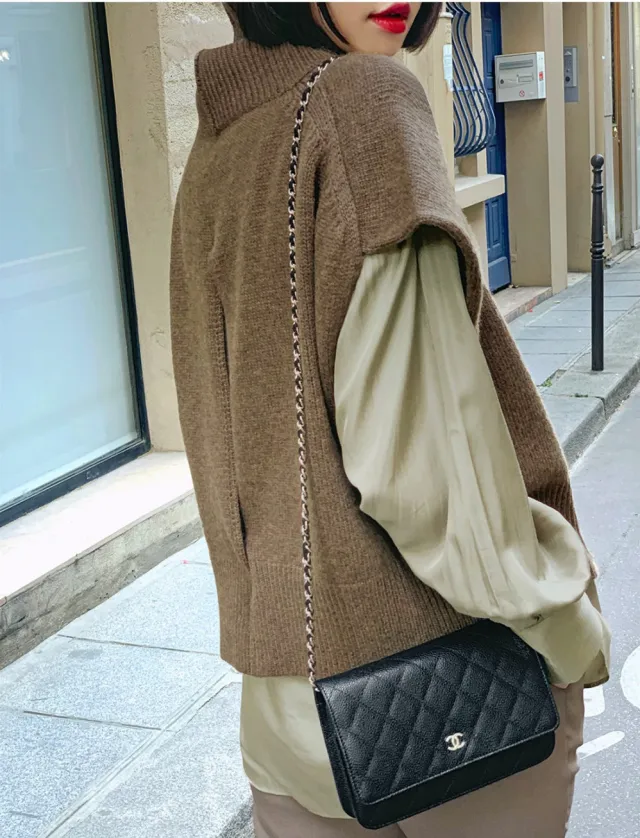 Back Slit Knitted Vest Sweater Loose Khaki - Shop at LoveMi