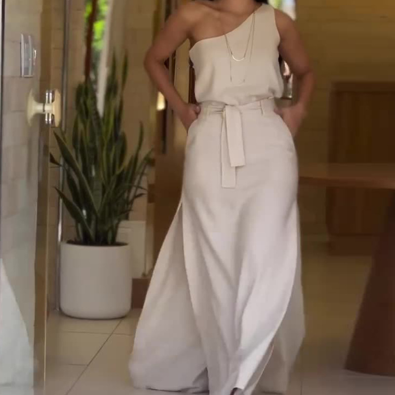 Solid Color Diagonal Collar Sleeveless Casual High Waist Skirt Suit