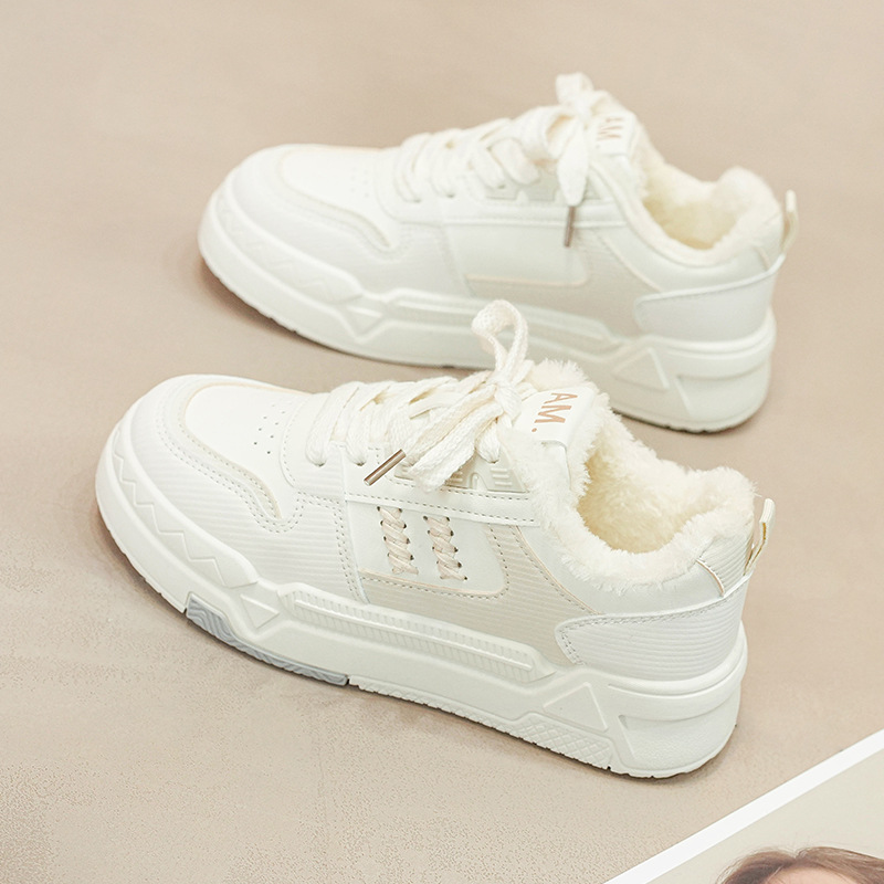 Women's Fleece Lined White Sneakers Thick Warm Casual Canvas Shoes Winter Student Sports Flat Trainers