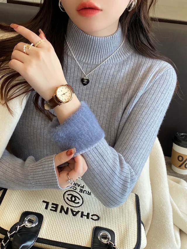 Velvet Padded Sweater Women's Autumn And Winter Knitted Blue - Shop at LoveMi