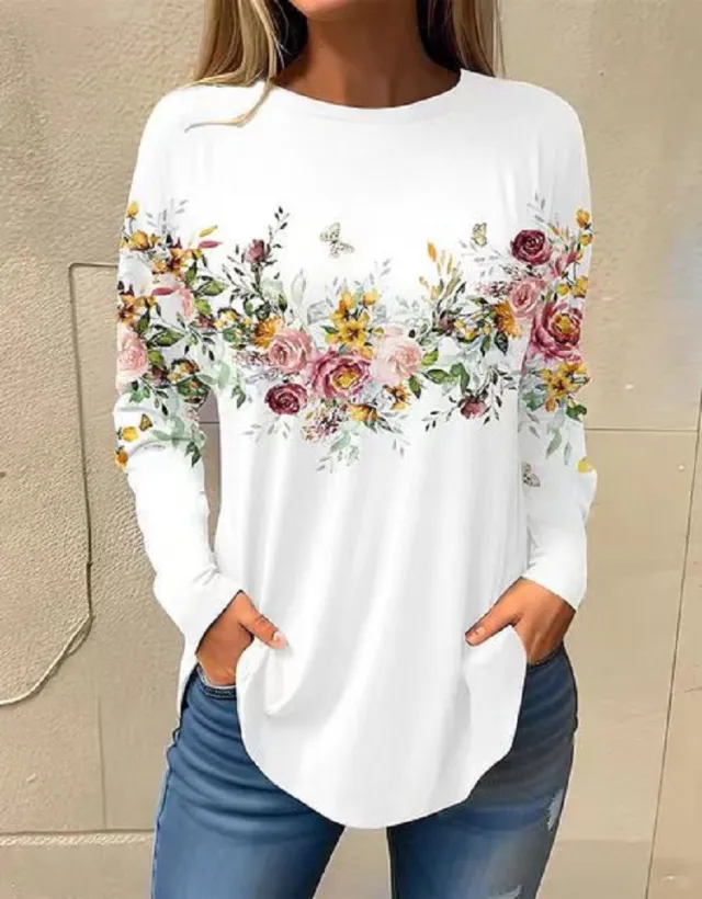 Women's Color Flower Digital Printing Long sleeved T shirt White - Shop at LoveMi