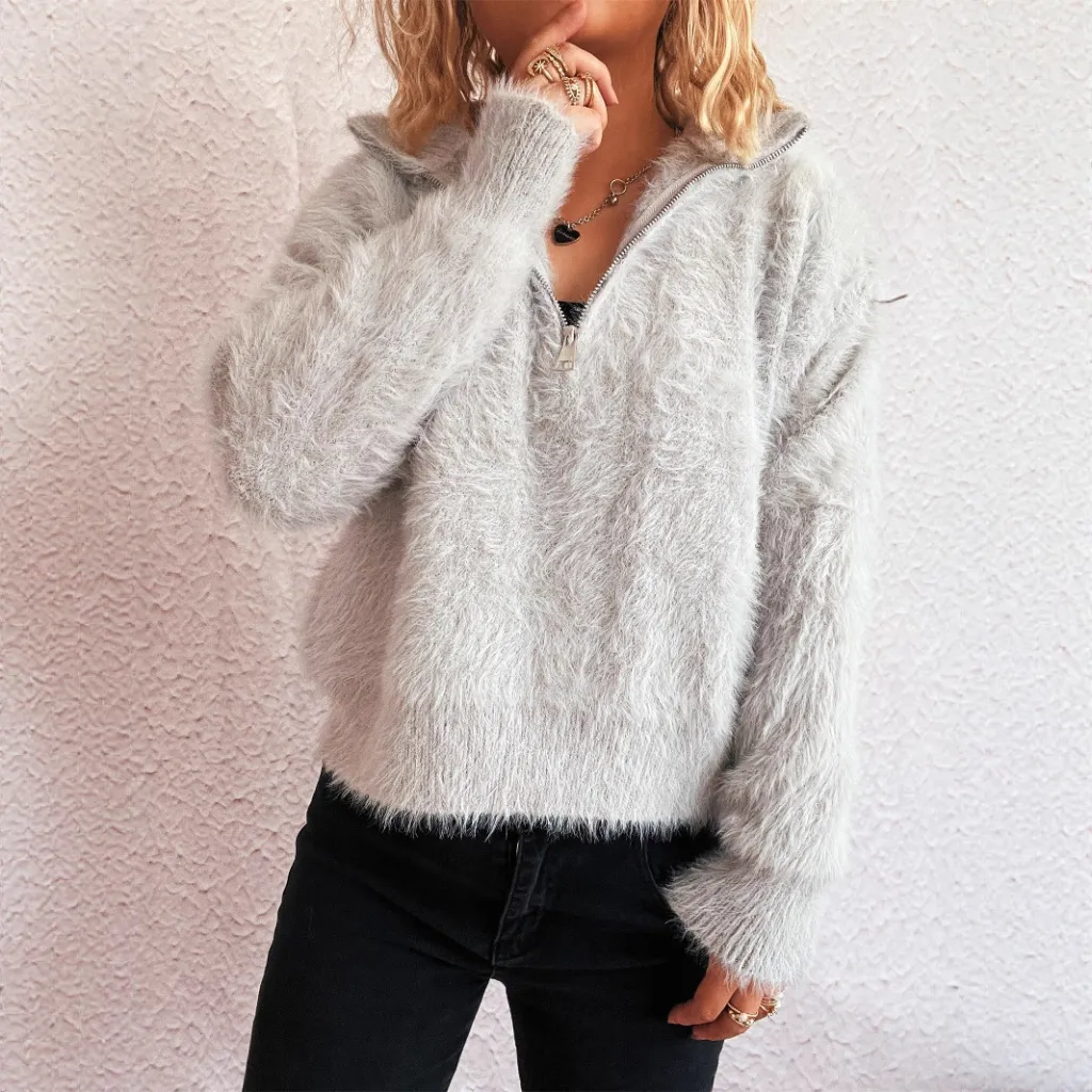 Casual Polo Collar Half Zipper Knitted Commuting Fashion Women's Sweater - Gray