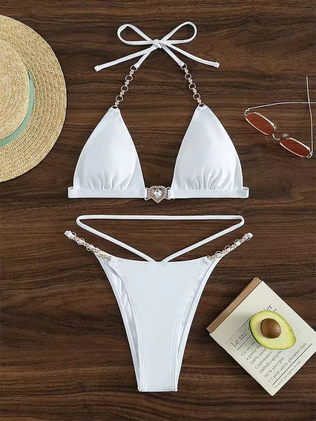 Swimsuit Women's Summer Sexy Split Triangle Bikini Pure Style Casual Swimsuit White - Shop at LoveMi