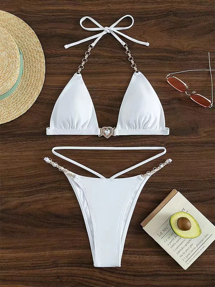 Swimsuit Women's Summer Sexy Split Triangle Bikini Pure Style Casual Swimsuit - White