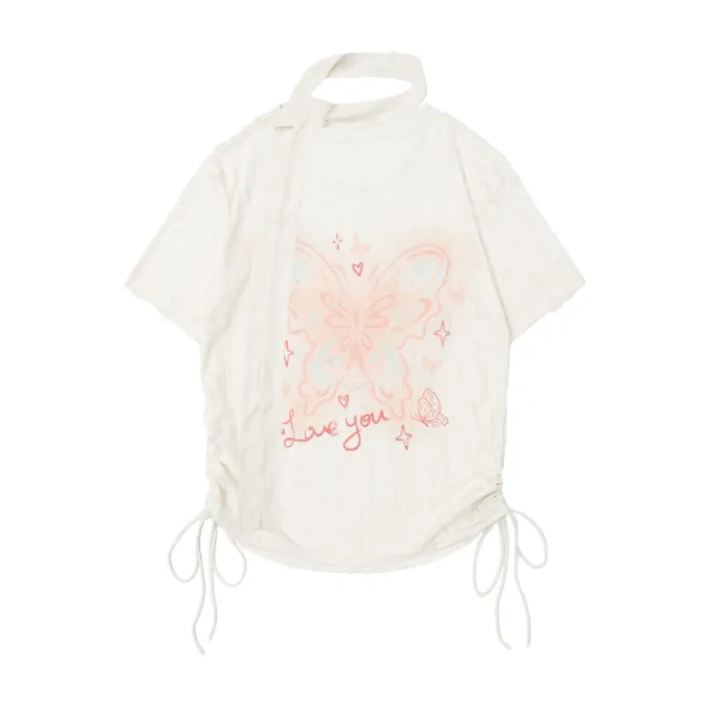 Butterfly Embroidered Korean Drawstring Half Sleeve Top Apricot - Shop at LoveMi