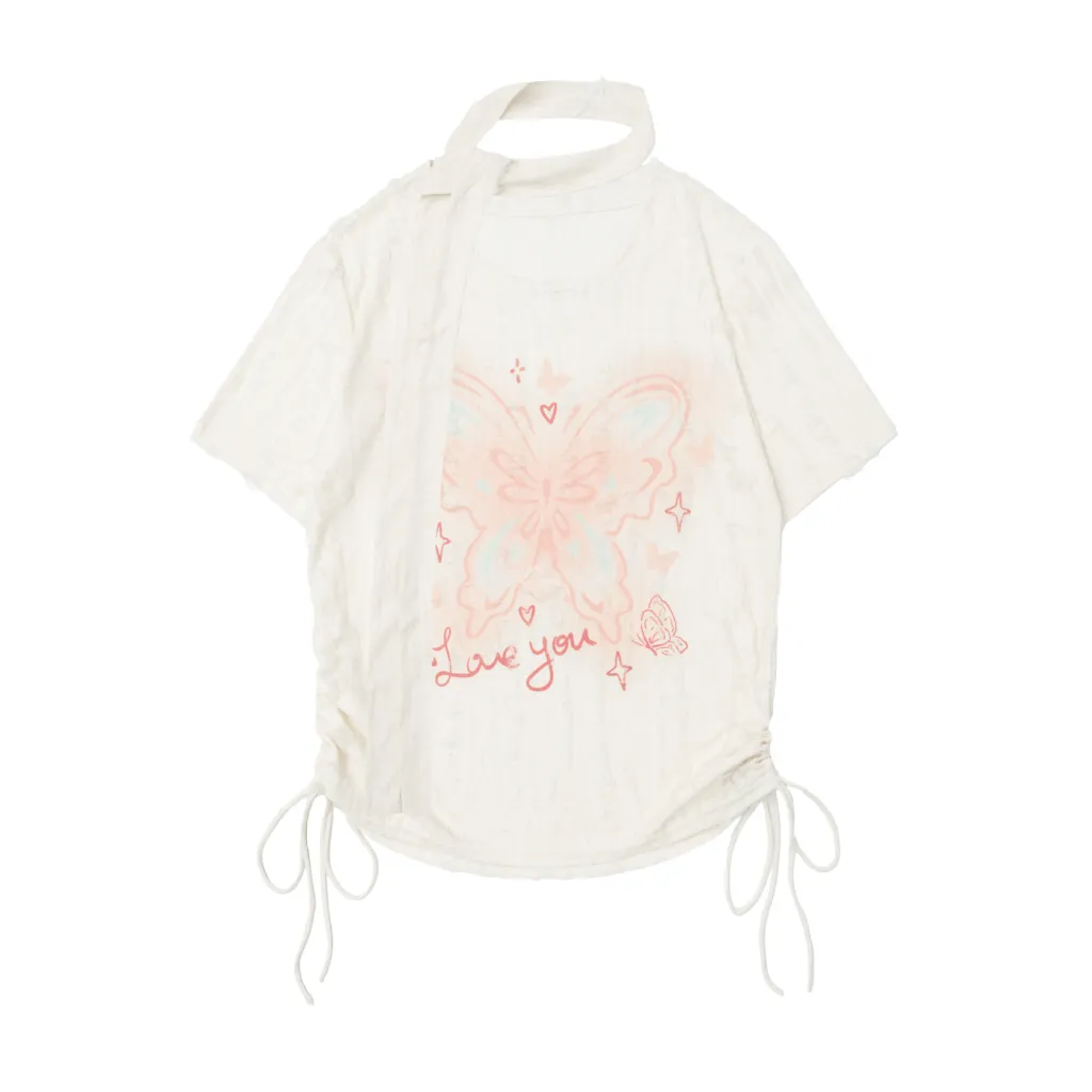 Butterfly Embroidered Korean Drawstring Half Sleeve Top - Apricot