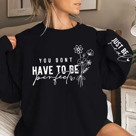 Pullover Round Neck Long Sleeves Flowers Letter Print Sweatshirt Black - Shop at LoveMi