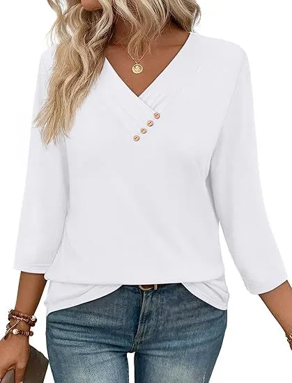 European And American New Autumn Women's Clothing Button V neck Fashion Casual Sleeve T shirt White - Shop at LoveMi