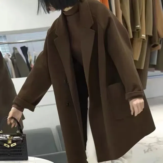 Women's Mid length Simple Fashion Korean Style Loose Woolen Coat Brown - Shop at LoveMi