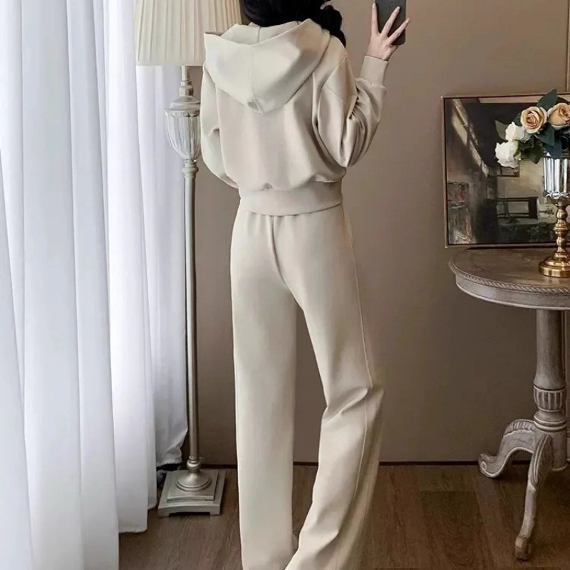 Western-style Zip-up Hoodie And Wide-leg Pants Two-piece Set