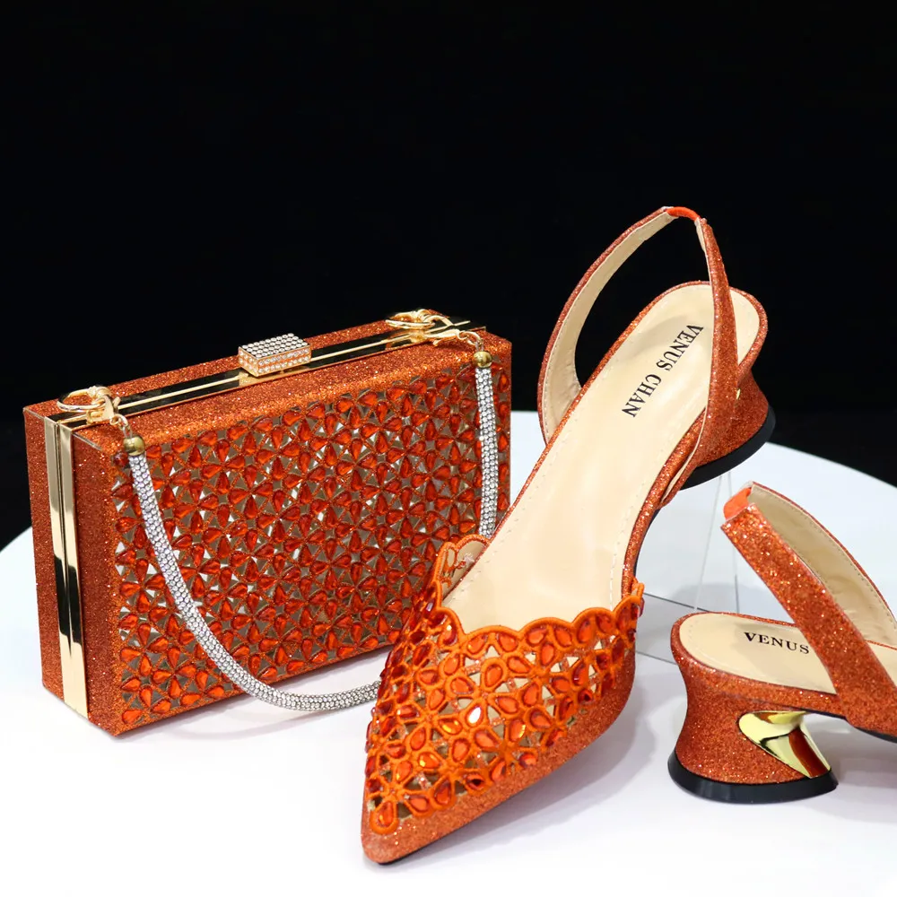Mid Heel Pointed Women's Sandals Square Hand Bag Set - Orange
