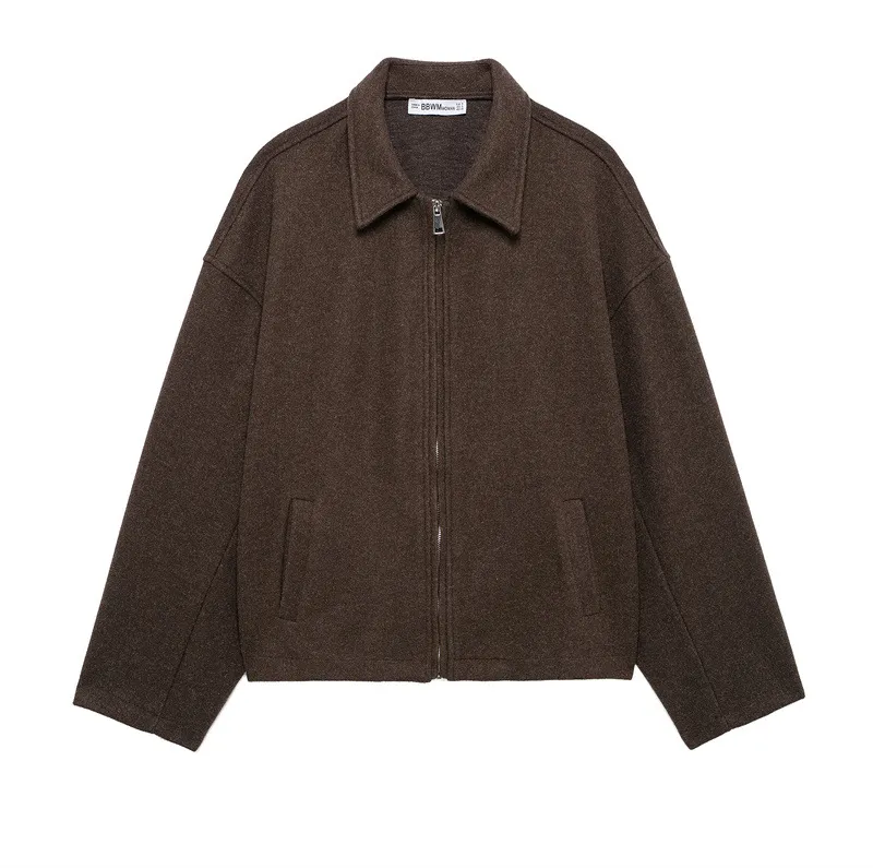 Fashion Loose Lapel Long Sleeves Zipper Woolen Coat - Brown