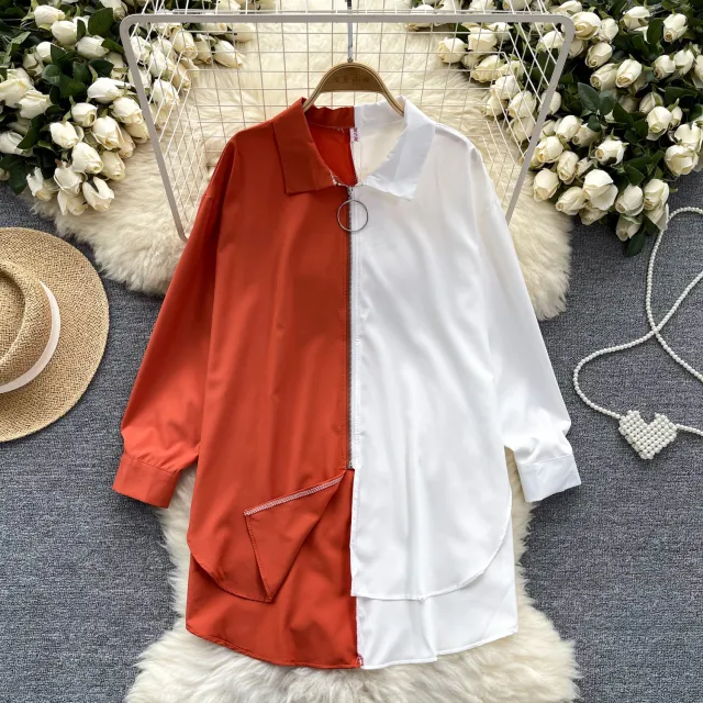 Idle Style Mid length Color Matching Shirt Red - Shop at LoveMi