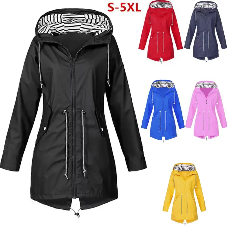 Womens Waterproof Raincoat Casual Basic Outdoors Drawstring Trench Lightweight