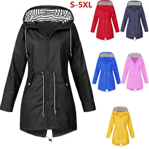 Womens Waterproof Raincoat Casual Basic Outdoors Drawstring Trench Lightweight
