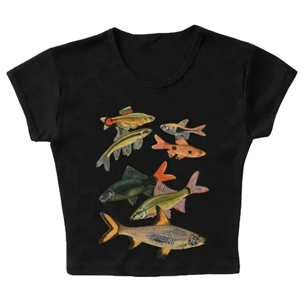 Abstract Goldfish Printed Square Collar Personality Slim Fit Sling Street Sexy Versatile Slimming Casual Vest - Black T
