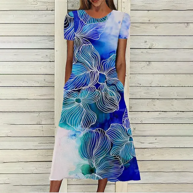 Floral Print Round Neck Short Sleeve Pocket Dress Blue - Shop at LoveMi