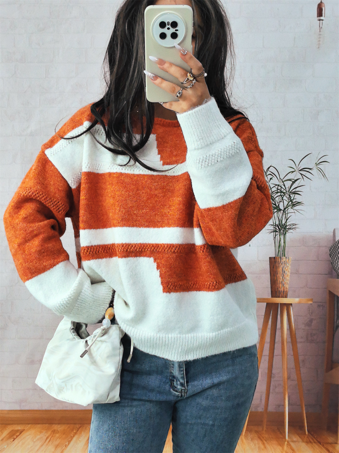 Simple Commute Irregular Contrast Color Round Neck Long Sleeve Sweater