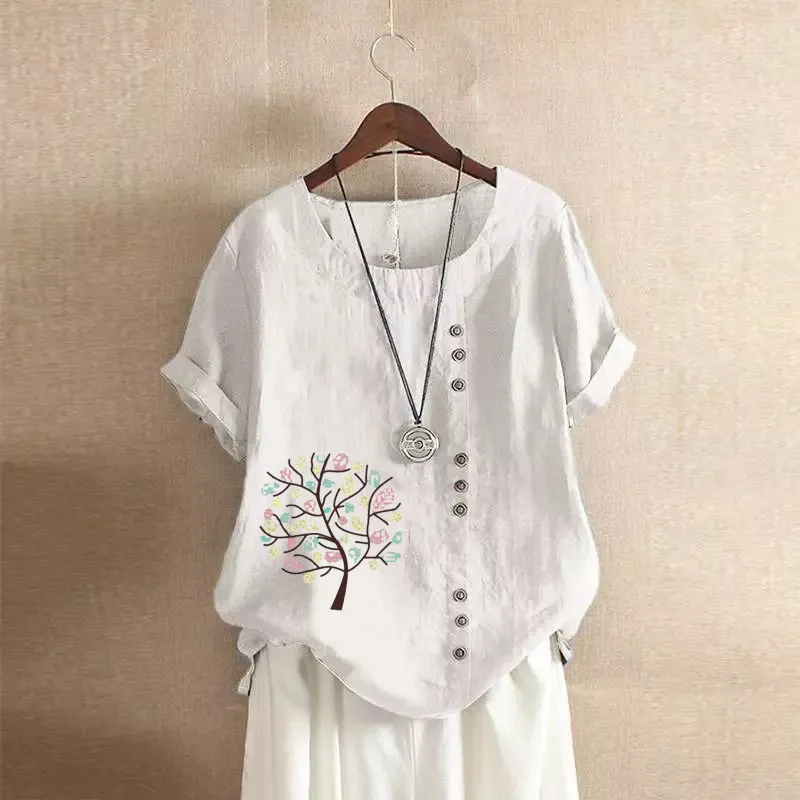 Women's Retro Plus Size Casual Loose Cotton-linen Shirt - White