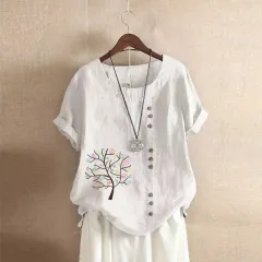 Women's Retro Plus Size Casual Loose Cotton-linen Shirt - White - View 1
