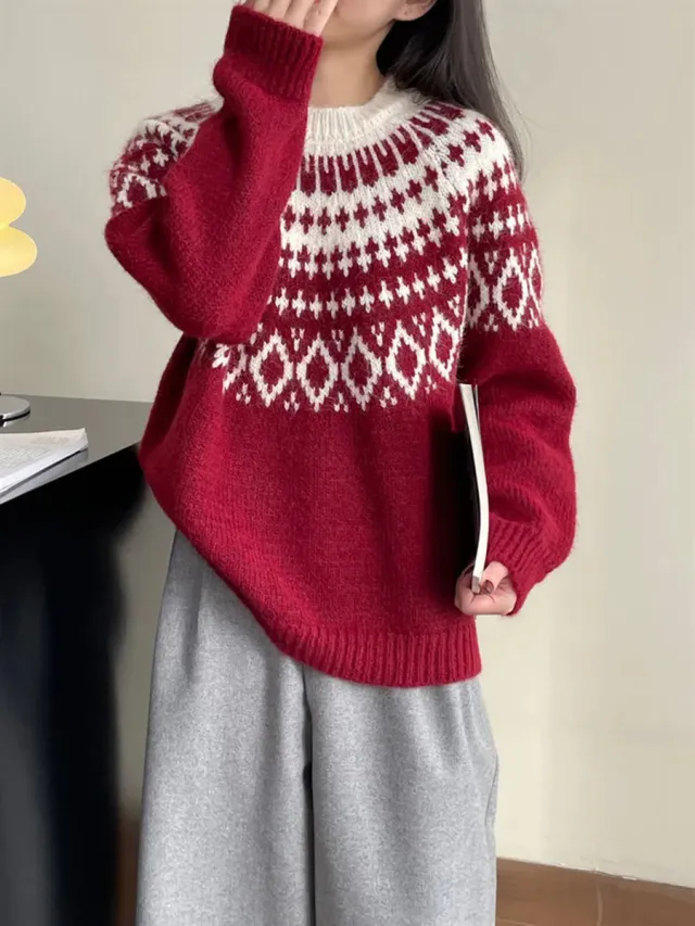 New Round Neck Loose Slimming Christmas Style Knitwear Top Red - Shop at LoveMi