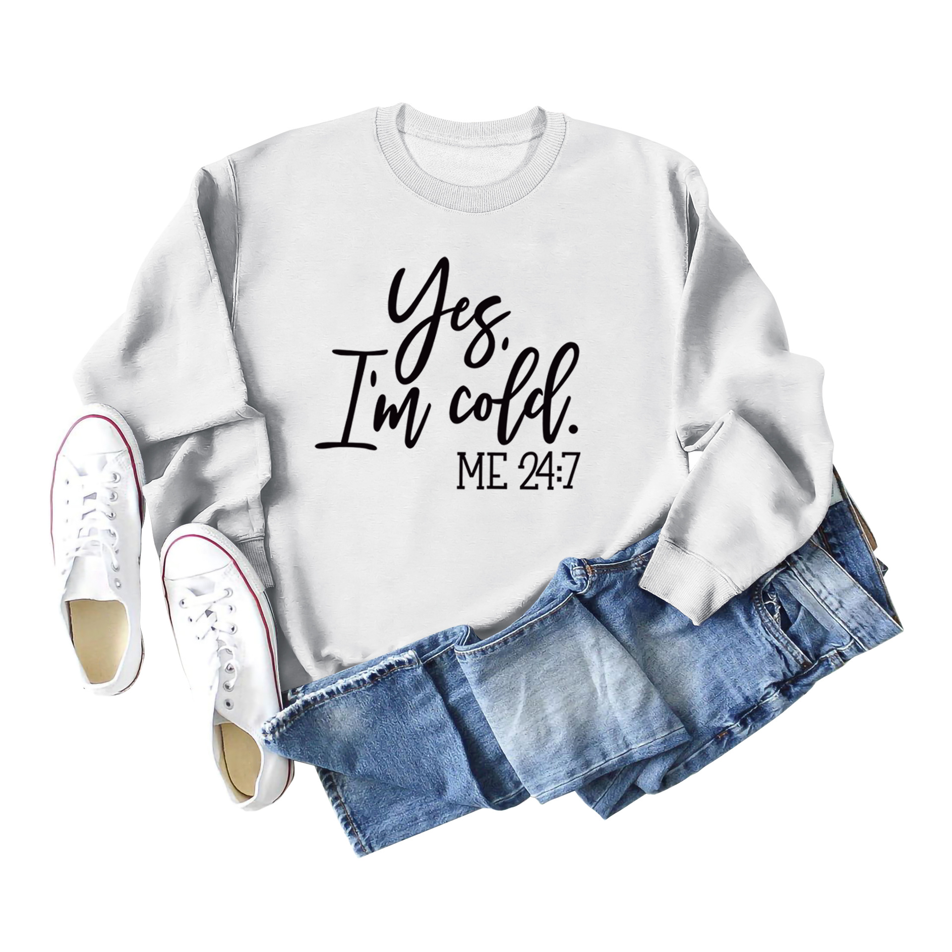 Loose Casual Letter Print Sweatshirt Yes' I M Cold New Round