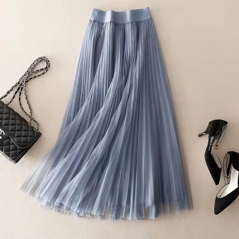 Women's Casual Skirt Mid-length Pleated Skirt - Blue