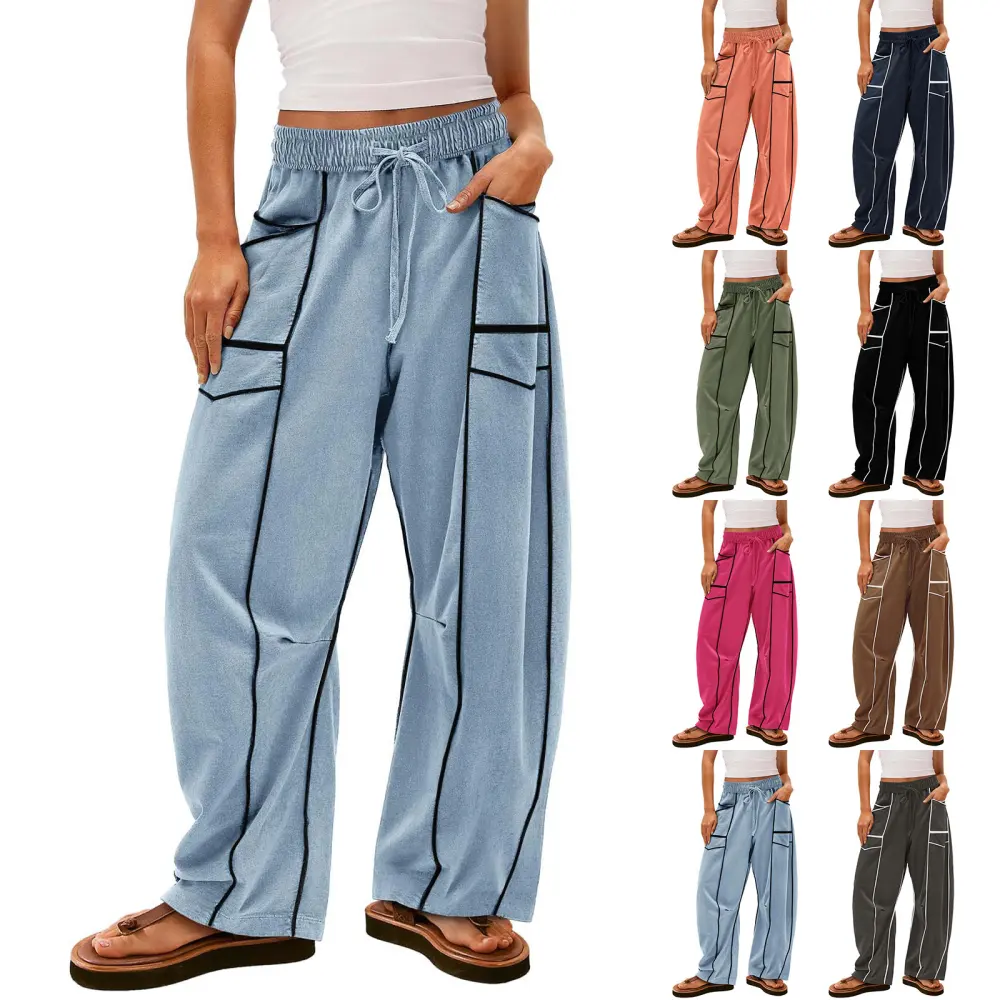 Y2K Black Striped Wide-leg Pants with Pockets Fashion Loose