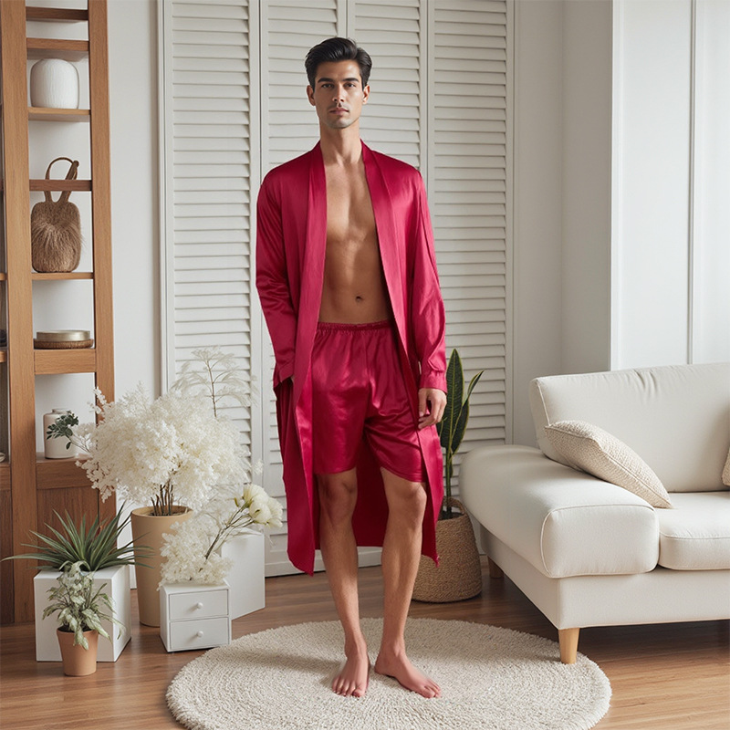 Mens Pajama Robe And Shorts Set Solid Color For Home Use