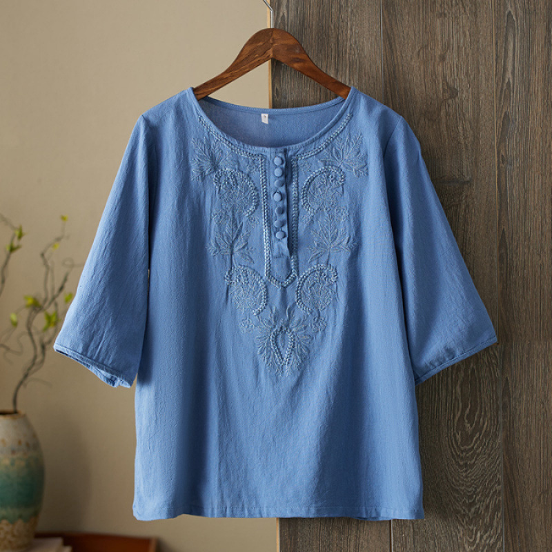 Womens Artistic Solid-Color Embroidered Cotton-Linen Top