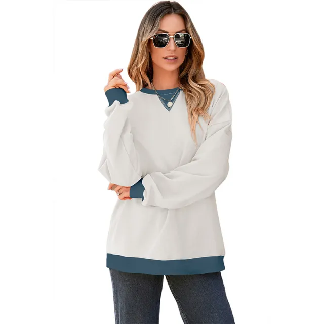 Color Contrast Patchwork Round Neck Pullover Long Sleeve Sweater Women White - Shop at LoveMi