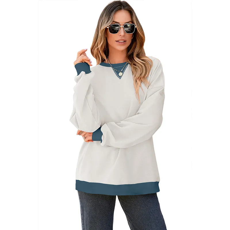 Colour Contrast Patchwork Round Neck Pullover Long Sleeve Sweater Women - White