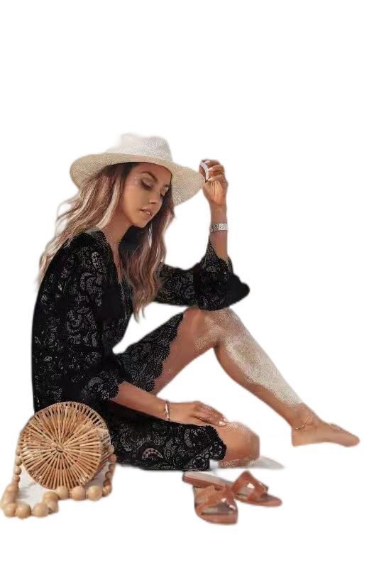 Sun-Protecting Lace V-Neck Bikini Cover-Up Shirt with Waistline Sun-Protecting Lace V-Neck Bikini Cover-Up Shirt with Waistline
