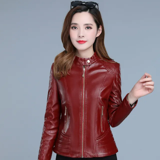 Womens Short Chic Stand collar Zip up Jacket Tan - Shop at LoveMi