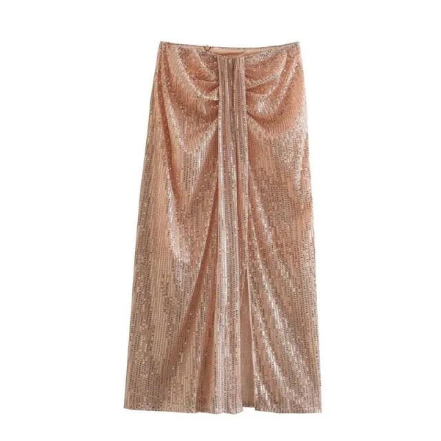European And American Style Pleated High Waist Slimming Light Luxury Mid length Sequins Skirt Champagne - Shop at LoveMi