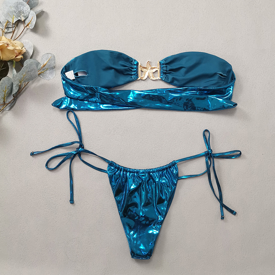 Title 12, Tube Top Split Bikini Blue Glossy Gold Starfish...