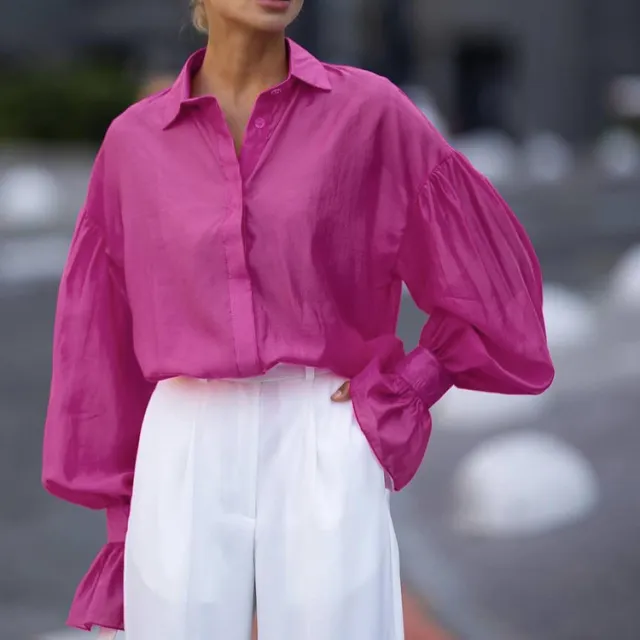 Loose Lapel Long Sleeves Shirt For Women Pink - Shop at LoveMi