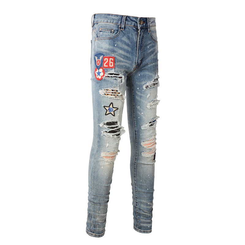 Title 17, Medal Printed Badge Ripped Jeans Men