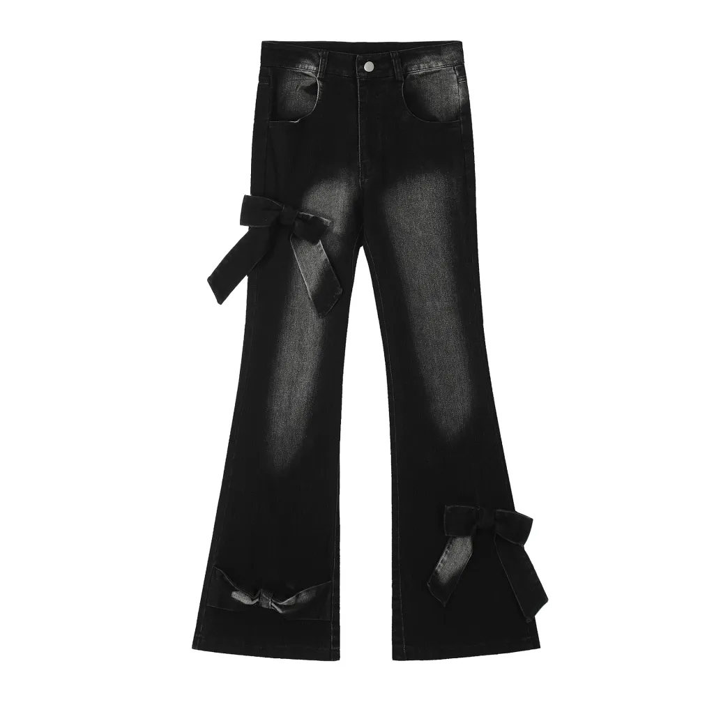 Real Shot American Retro Cute Bow Denim Trousers - Black