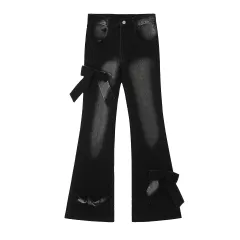 Real Shot American Retro Cute Bow Denim Trousers - Black - View 1