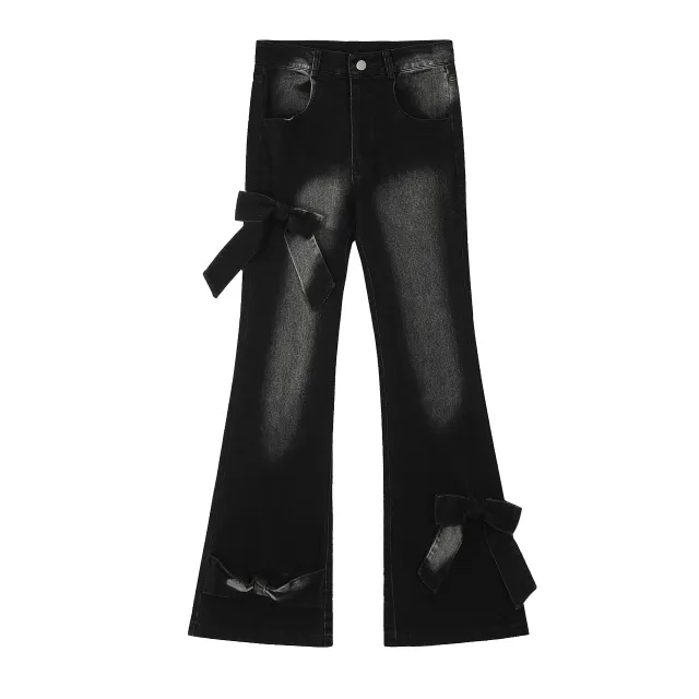 Real Shot American Retro Cute Bow Denim Trousers Black - Shop at LoveMi