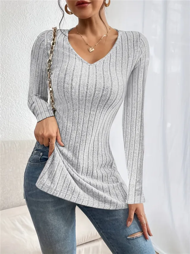 Women's Autumn Winter Coat V neck Long Sleeve Sunken Stripe Brushed T shirt Gray - Shop at LoveMi